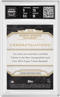 Hisashi Iwakuma from the 2014 Topps Tribute set graded by Arena Club and given an overall grade of 8.