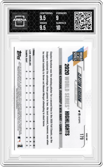 Clayton Kershaw from the 2021 Topps  set graded by Arena Club and given an overall grade of 9.5.