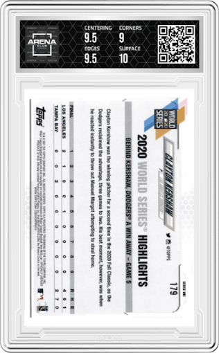 Clayton Kershaw from the 2021 Topps  set graded by Arena Club and given an overall grade of 9.5.