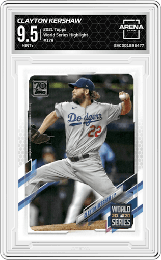 Clayton Kershaw from the 2021 Topps  set graded by Arena Club and given an overall grade of 9.5.