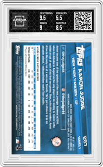 Aaron Judge from the 2017 Topps set graded by Arena Club and given an overall grade of 6.