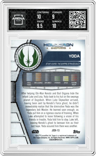 Yoda from the 2020 Topps Star Wars Holocron  set graded by Arena Club and given an overall grade of 9.5.