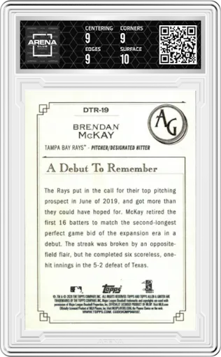 Brendan McKay from the 2020 Topps Allen & Ginter set graded by Arena Club and given an overall grade of 9.5.