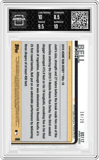 Josh Bell from the 2019 Topps Update  set featuring a Memorial Day Camo parallel graded by Arena Club and given an overall grade of 9.