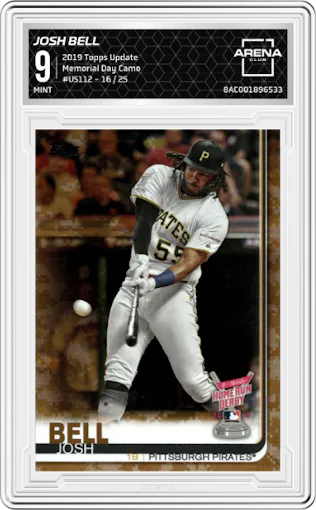 Josh Bell from the 2019 Topps Update  set featuring a Memorial Day Camo parallel graded by Arena Club and given an overall grade of 9.