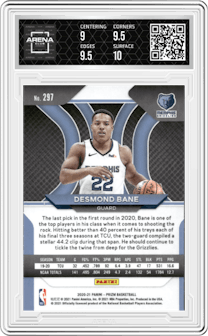 Desmond Bane from the 2020-21 Panini Prizm set graded by Arena Club and given an overall grade of 9.5.