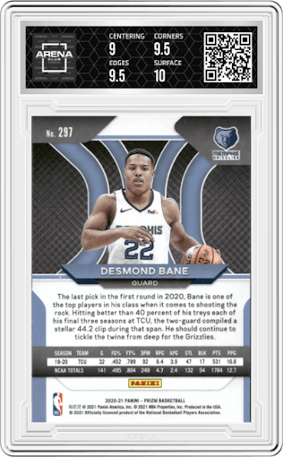 Desmond Bane from the 2020-21 Panini Prizm set graded by Arena Club and given an overall grade of 9.5.
