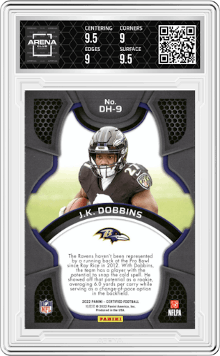 J.K. Dobbins from the 2022 Panini Certified set graded by Arena Club and given an overall grade of 9.5.