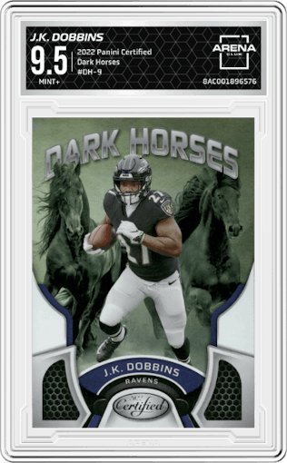 J.K. Dobbins from the 2022 Panini Certified set graded by Arena Club and given an overall grade of 9.5.