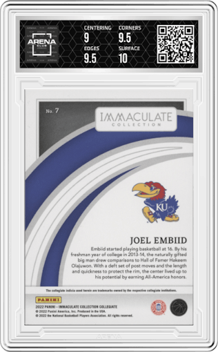 Joel Embiid from the 2022-23 Immaculate Collection Collegiate set graded by Arena Club and given an overall grade of 9.5.