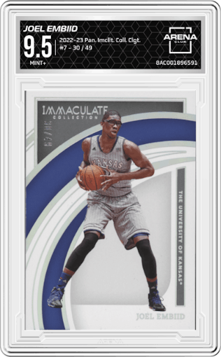 Joel Embiid from the 2022-23 Immaculate Collection Collegiate set graded by Arena Club and given an overall grade of 9.5.
