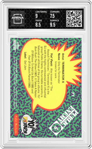 Terminator X from the 1991 Pro Set Yo! MTV Raps set graded by Arena Club and given an overall grade of 8.