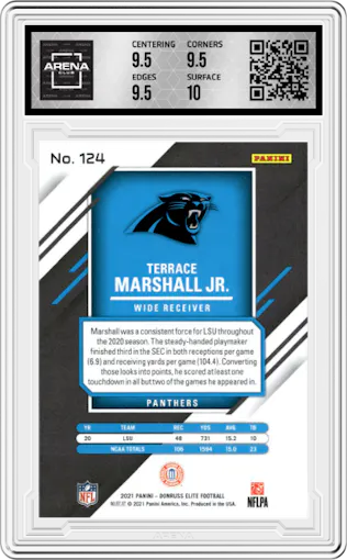 Terrace Marshall Jr. from the 2021 Panini Donruss Elite set featuring a Green parallel graded by Arena Club and given an overall grade of 10.