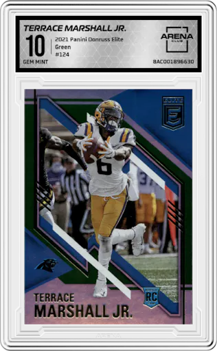 Terrace Marshall Jr. from the 2021 Panini Donruss Elite set featuring a Green parallel graded by Arena Club and given an overall grade of 10.