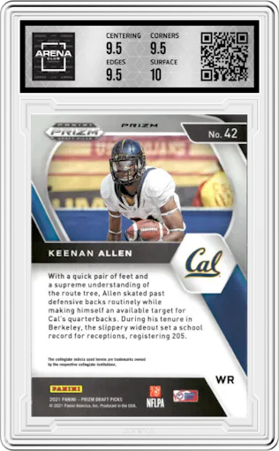 Keenan Allen from the 2021 Panini Prizm Draft Picks set featuring a Silver Prizm parallel graded by Arena Club and given an overall grade of 10.