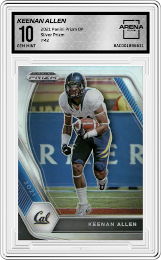 Keenan Allen from the 2021 Panini Prizm Draft Picks set featuring a Silver Prizm parallel graded by Arena Club and given an overall grade of 10.