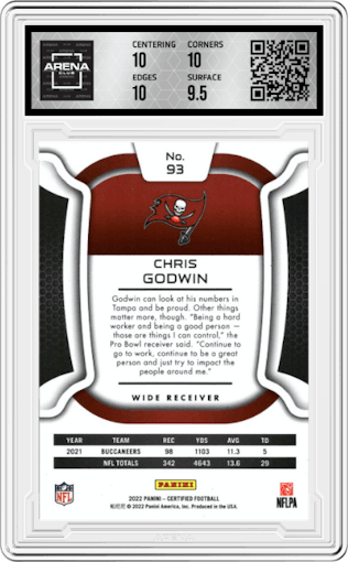 Chris Godwin from the 2022 Panini Certified set featuring a Mirror Pink parallel graded by Arena Club and given an overall grade of 10.