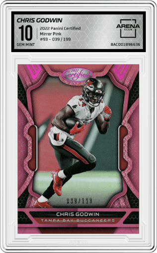 Chris Godwin from the 2022 Panini Certified set featuring a Mirror Pink parallel graded by Arena Club and given an overall grade of 10.