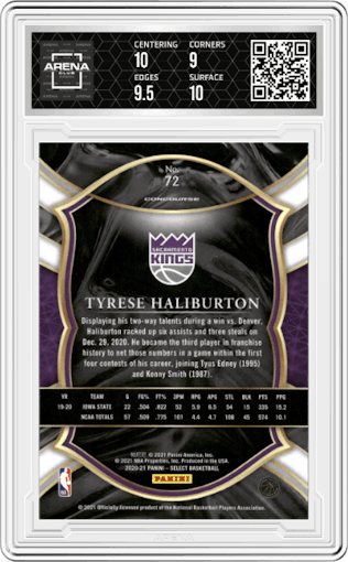 Tyrese Haliburton from the 2020-21 Panini Select  set featuring a Blue Retail parallel graded by Arena Club and given an overall grade of 9.5.