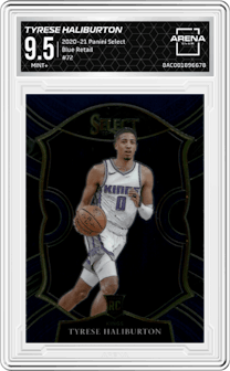 Tyrese Haliburton from the 2020-21 Panini Select  set featuring a Blue Retail parallel graded by Arena Club and given an overall grade of 9.5.