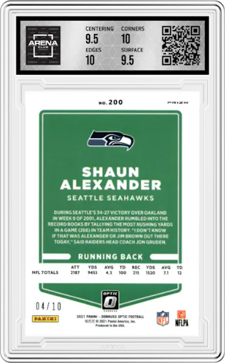 Shaun Alexander from the 2021 Panini Donruss Optic set featuring a Gold parallel graded by Arena Club and given an overall grade of 10.