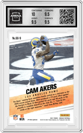 Cam Akers from the 2021 Panini Mosaic set featuring a Silver Mosaic parallel graded by Arena Club and given an overall grade of 10.