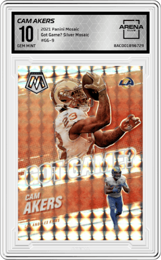 Cam Akers from the 2021 Panini Mosaic set featuring a Silver Mosaic parallel graded by Arena Club and given an overall grade of 10.