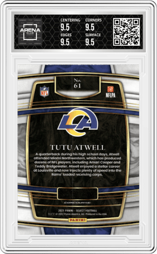 Tutu Atwell from the 2021 Panini Select set graded by Arena Club and given an overall grade of 9.5.