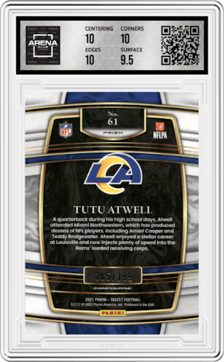 Tutu Atwell from the 2021 Panini Select set featuring a Blue Prizm parallel graded by Arena Club and given an overall grade of 10.
