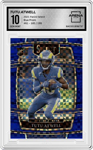 Tutu Atwell from the 2021 Panini Select set featuring a Blue Prizm parallel graded by Arena Club and given an overall grade of 10.