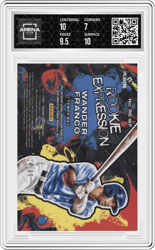 Wander Franco from the 2022 Panini Diamond Kings set featuring a Holo Blue parallel graded by Arena Club and given an overall grade of 7.5.