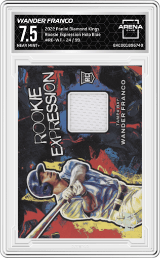 Wander Franco from the 2022 Panini Diamond Kings set featuring a Holo Blue parallel graded by Arena Club and given an overall grade of 7.5.