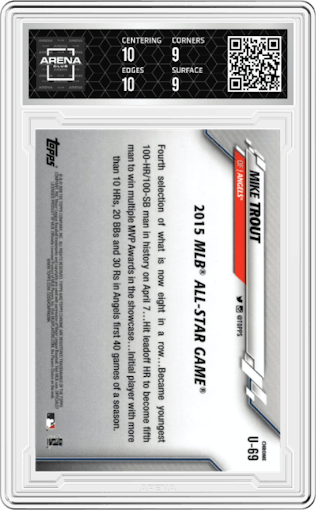 Mike Trout from the 2020 Topps Chrome Update    set graded by Arena Club and given an overall grade of 9.5.