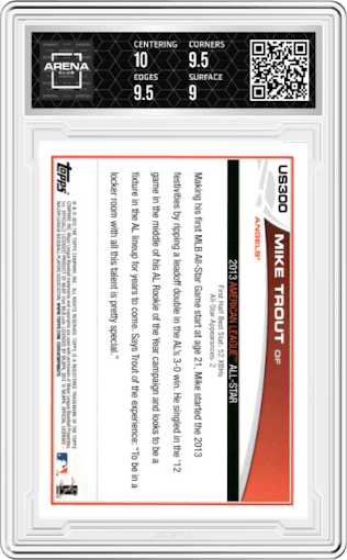 Mike Trout  from the 2013 Topps Update Series set graded by Arena Club and given an overall grade of 9.5.