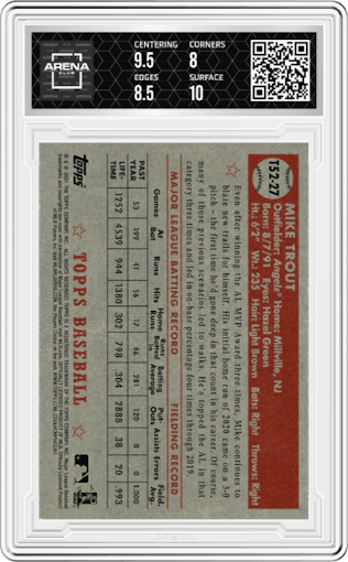 Mike Trout from the 2021 Topps  set graded by Arena Club and given an overall grade of 8.5.