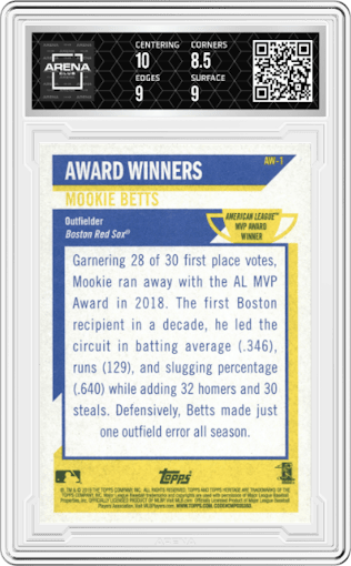 Mookie Betts from the 2019 Topps Heritage set graded by Arena Club and given an overall grade of 9.