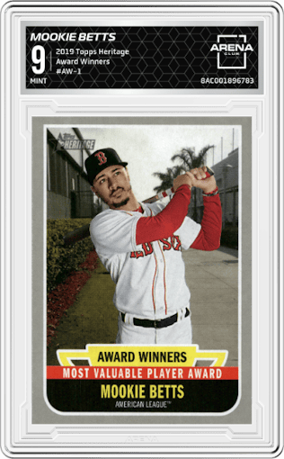 Mookie Betts from the 2019 Topps Heritage set graded by Arena Club and given an overall grade of 9.