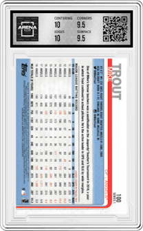 Mike Trout from the 2019 Topps Series 1 set graded by Arena Club and given an overall grade of 10.
