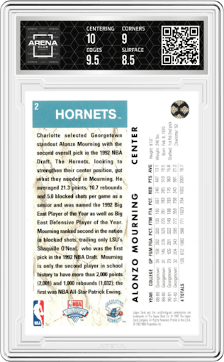Alonzo Mourning from the 1992-93 Upper Deck  set graded by Arena Club and given an overall grade of 9.