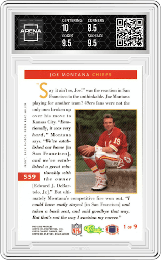 Joe Montana from the 1993 Pro Line Profiles set graded by Arena Club and given an overall grade of 9.