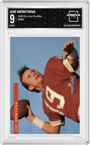 Joe Montana from the 1993 Pro Line Profiles set graded by Arena Club and given an overall grade of 9.
