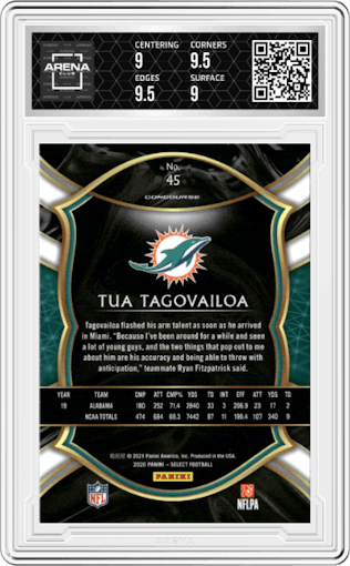 Tua Tagovailoa from the 2020 Panini Select set graded by Arena Club and given an overall grade of 9.5.
