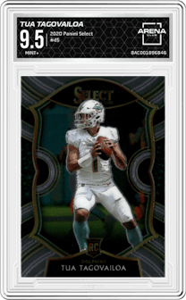 Tua Tagovailoa from the 2020 Panini Select set graded by Arena Club and given an overall grade of 9.5.