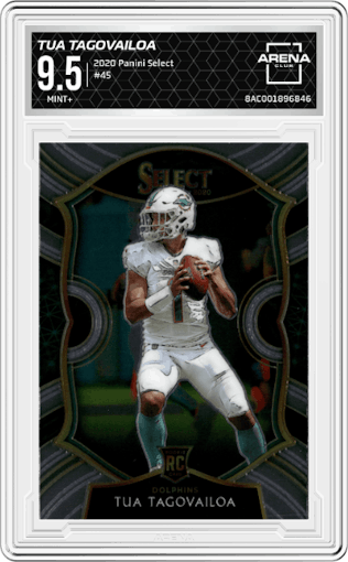 Tua Tagovailoa from the 2020 Panini Select set graded by Arena Club and given an overall grade of 9.5.