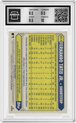 Fernando Tatis Jr. from the 2022 Topps   set graded by Arena Club and given an overall grade of 10.