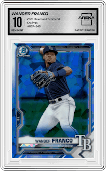 Wander Franco from the 2021 Bowman Chrome Sapphire set graded by Arena Club and given an overall grade of 10.