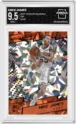 Mike James from the 2017-18 Panini Revolution set featuring a Chinese New Year parallel graded by Arena Club and given an overall grade of 9.5.