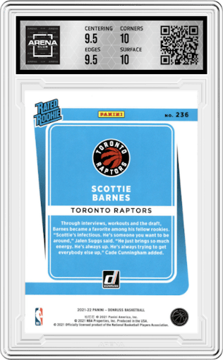 Scottie Barnes from the 2021-22 Panini Donruss set graded by Arena Club and given an overall grade of 10.