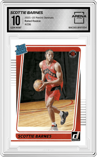 Scottie Barnes from the 2021-22 Panini Donruss set graded by Arena Club and given an overall grade of 10.