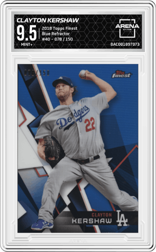 Clayton Kershaw from the 2018 Topps Finest set featuring a Blue Refractor  parallel graded by Arena Club and given an overall grade of 9.5.